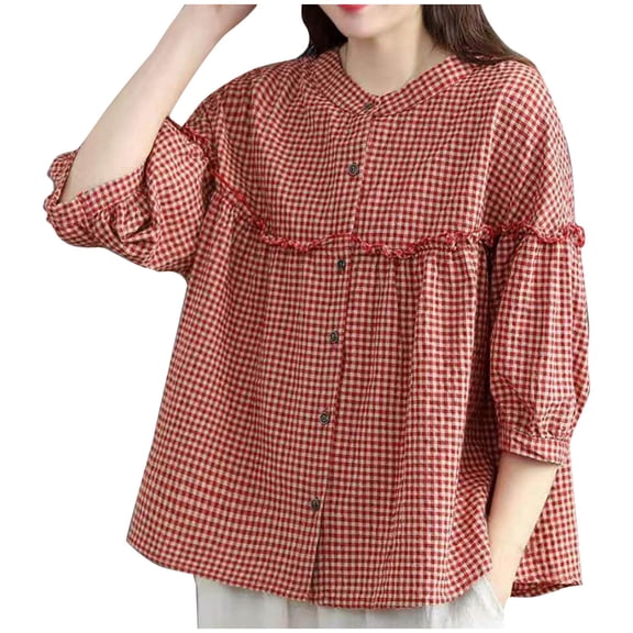 HAiming Plus Size Plaid Shirts Womens V Neck 3/4 Sleeve Crew Neck Loose Button down Casual Tops Blouses