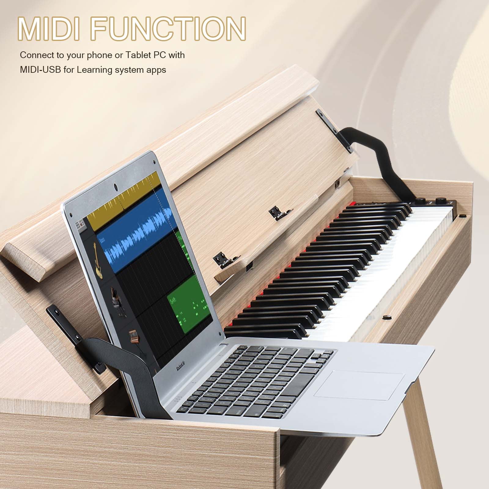 Glarry 88 Key Full Weighted Digital Piano, Desk Vanity Piano with Metal Stand, Audio and MIDI Bluetooth, Triple Pedals, Headphone for Begnner All Level, Beige