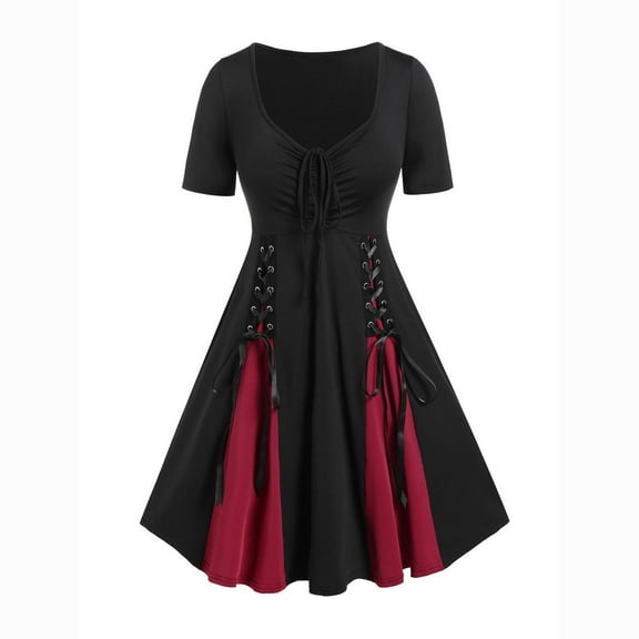 Sentmoon Cocktail Dresses for Wedding Guest Gothic Short Sleeve V Neck Beach Dress Cinched Ruched Lace-up Two Tone Godet Hem A Line Dresses for Teens Streetwear for Vacation