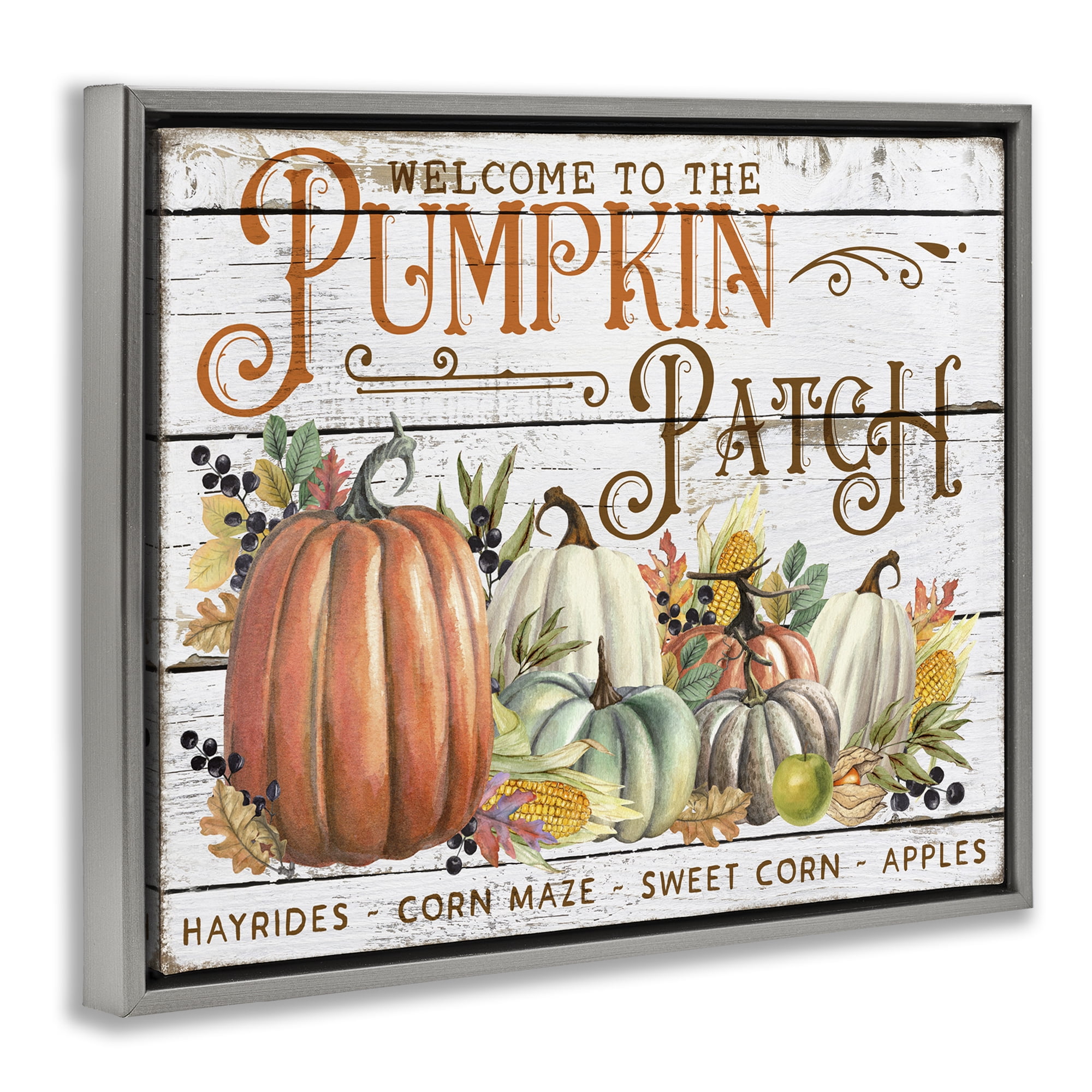 Stupell Industries Welcome Pumpkin Patch Holiday Painting Gray Floater Framed Canvas Art Prints Wall Art, 31 x 25
