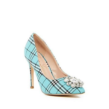 Blue Plaid Rhinestone - Lauren Lorraine Giselle-2 Slip On Rhinestone Slim Heel Stiletto Teal Plaid Pump (6)