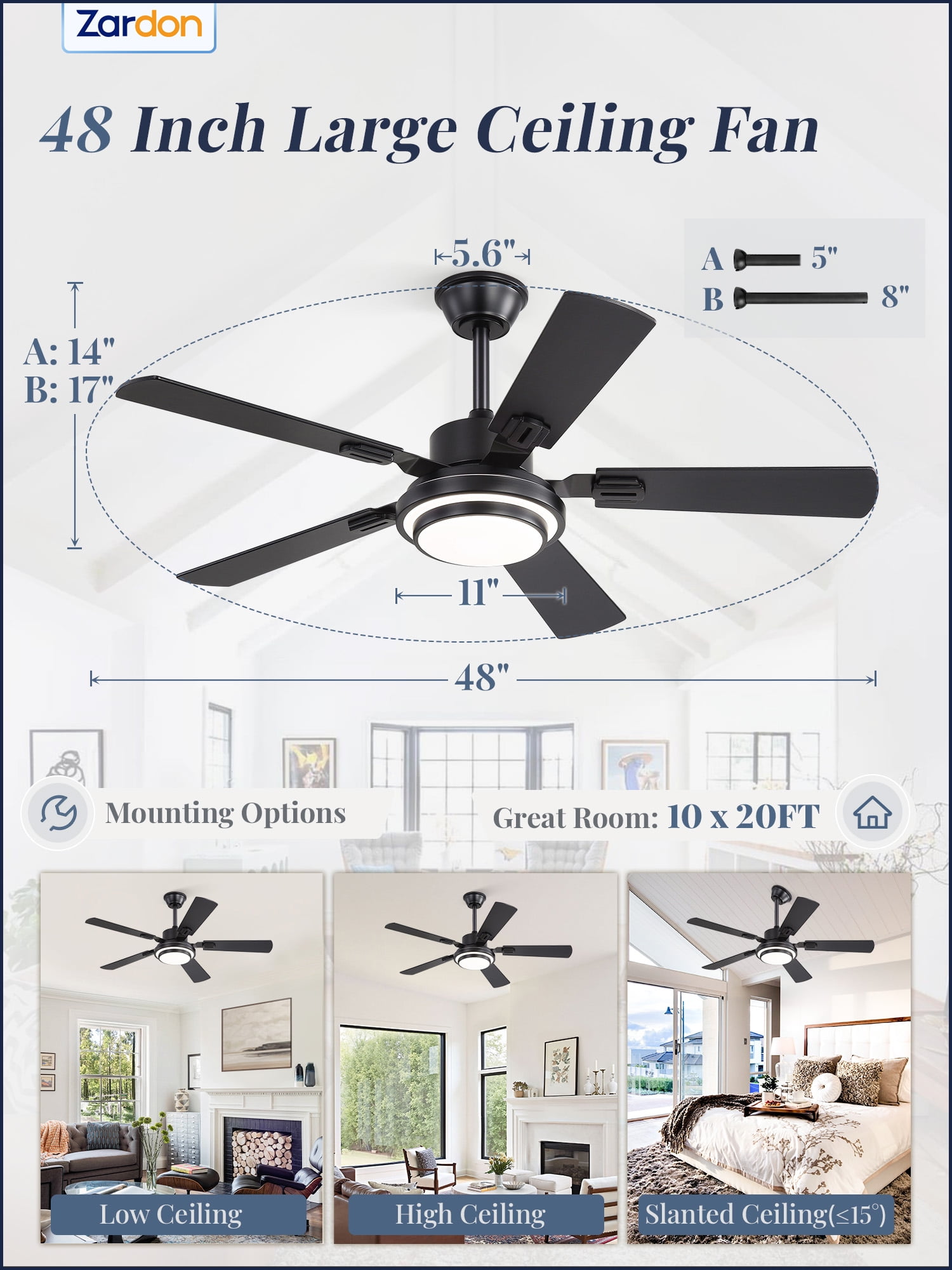 Zardon 48in Ceiling Fans with Light and Remote Control, Modern Low Profile Ceiling Fans with Reversible 6 Speeds for Intdoor, Outdoor, Black