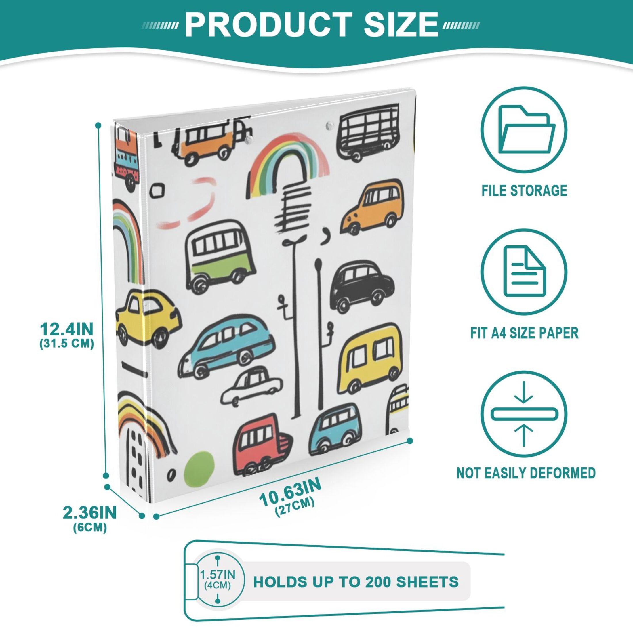 Cars and Rainbows Doodle 3 Ring Binders 1.5 inch Hardcover File Folders with Interior Pockets A4 Size Organizer for School Office Hospital