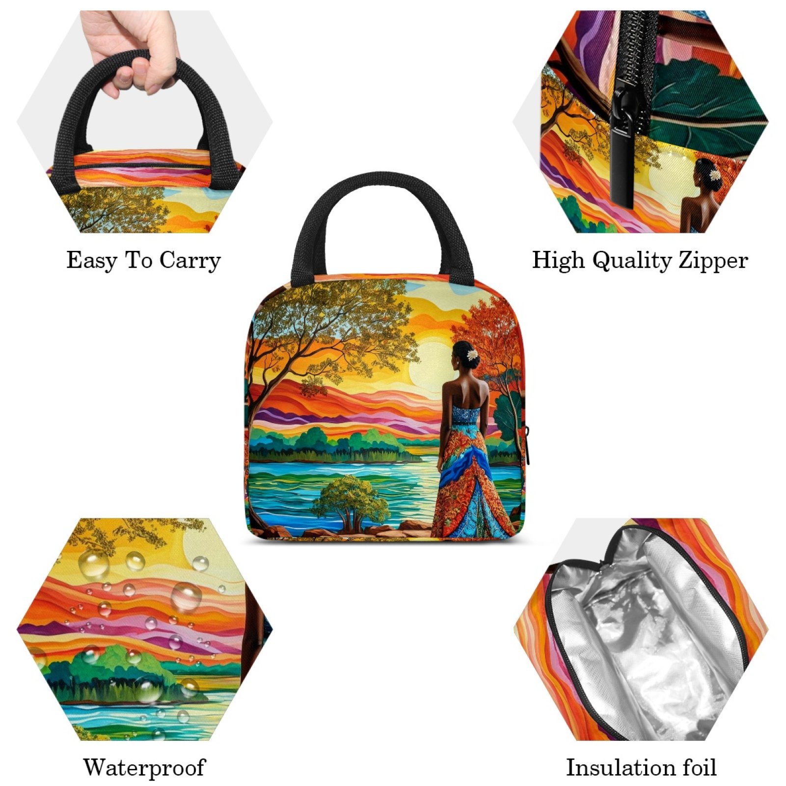 ERJLKXP Beautiful African Woman Insulated Lunch Bags for Women and Men,Adult Reusable Lunch Tote Bag for Work,cooler bag
