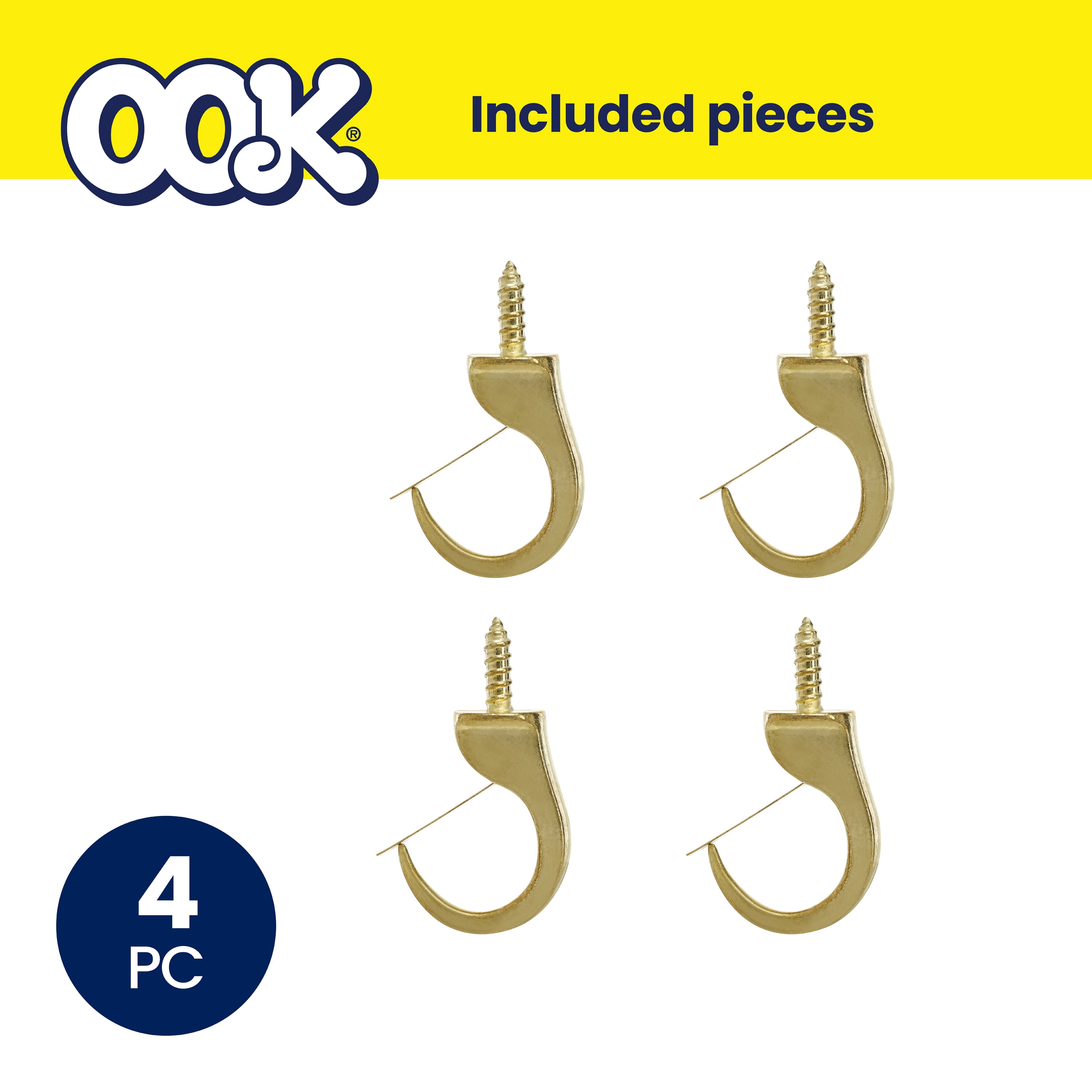 (3 pack) Ook Safety Cup Hooks, 7/8", 0.5 lbs, Screw Hooks, Steel, Brass Finish, Gold, 4 pack