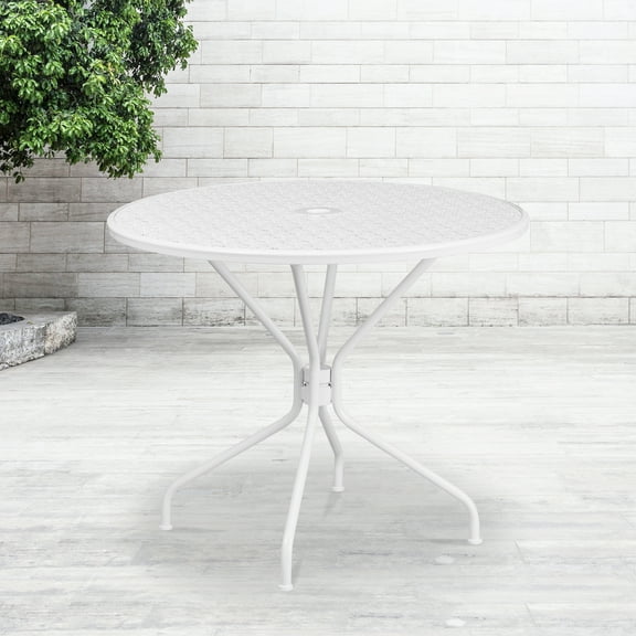 Flash Furniture Commercial Grade 35.25" Round White Indoor-Outdoor Steel Patio Table with Umbrella Hole