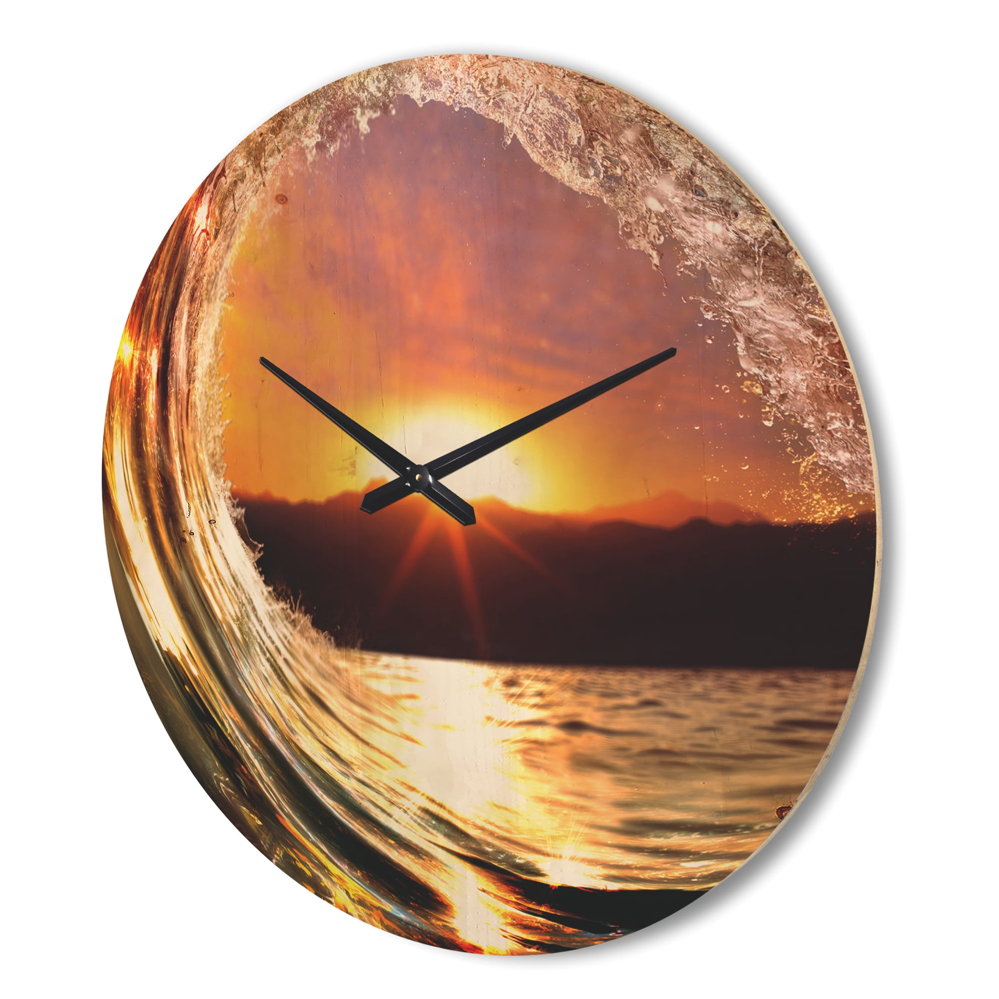 Designart 'Colored Ocean Waves Falling Down At Sunset VIII' Coastal Wood Wall Clock