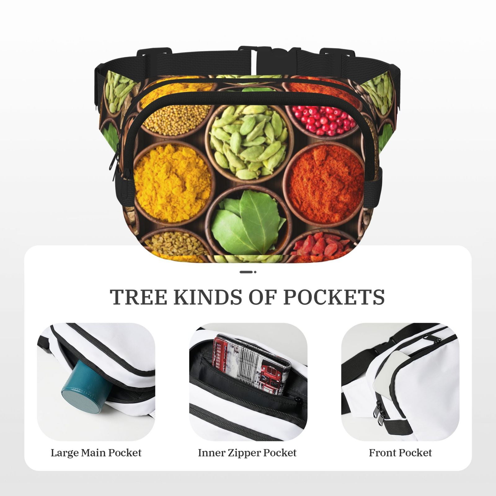 Picia Spices And Herbs Print Square Double-Layer Waist Bag Mini Adjustable Waist Belt Bag Exercise Running Travel Hiking