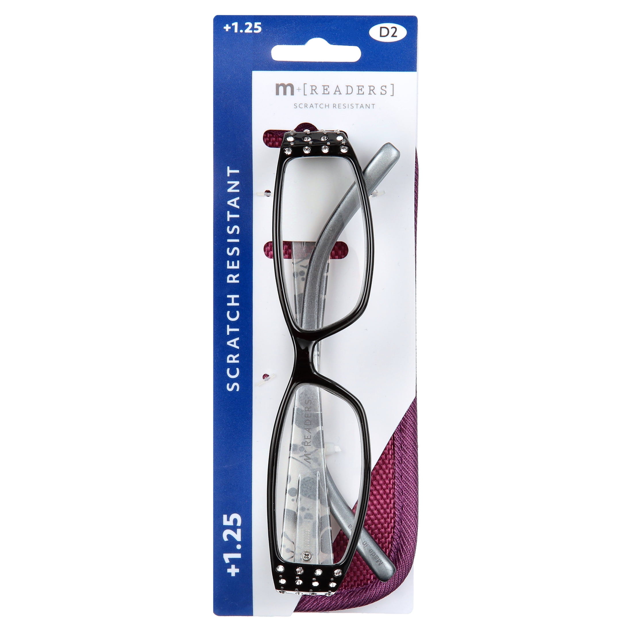 M Readers Women's Erin +1.25 Rectangle Reading Glasses with Case, Black