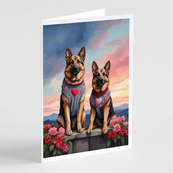 German Shepherd Two Hearts Greeting Cards Pack of 8 7 in x 5 in