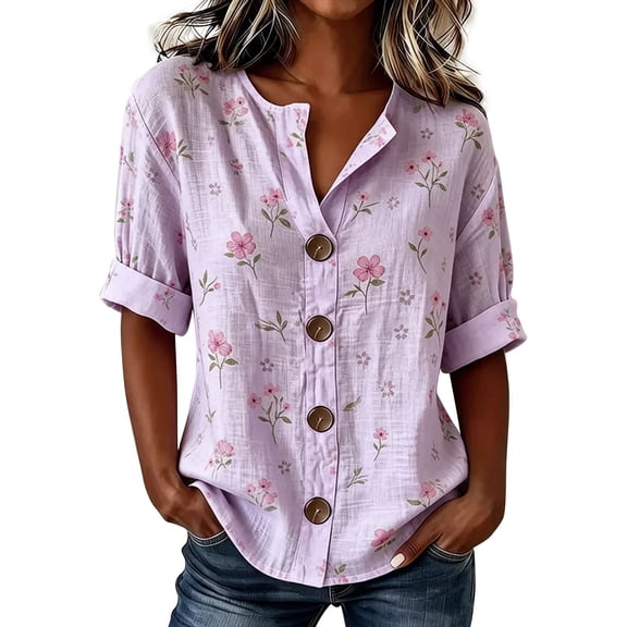 Oversized Tshirts for Women V Neck Half Sleeve Print Button Down Loose Casual Shirts Business Casual Tops for Women bovemsi