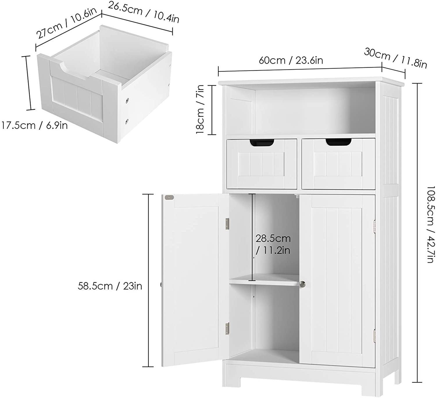 Homfa Bathroom Floor Storage Cabinet, Wood Linen Cabinet with Doors and Drawers and Adjustable Shelf, Kitchen Cupboard, Free Standing Organizer for Living Room Entryway Home Office, White - image 3 of 12