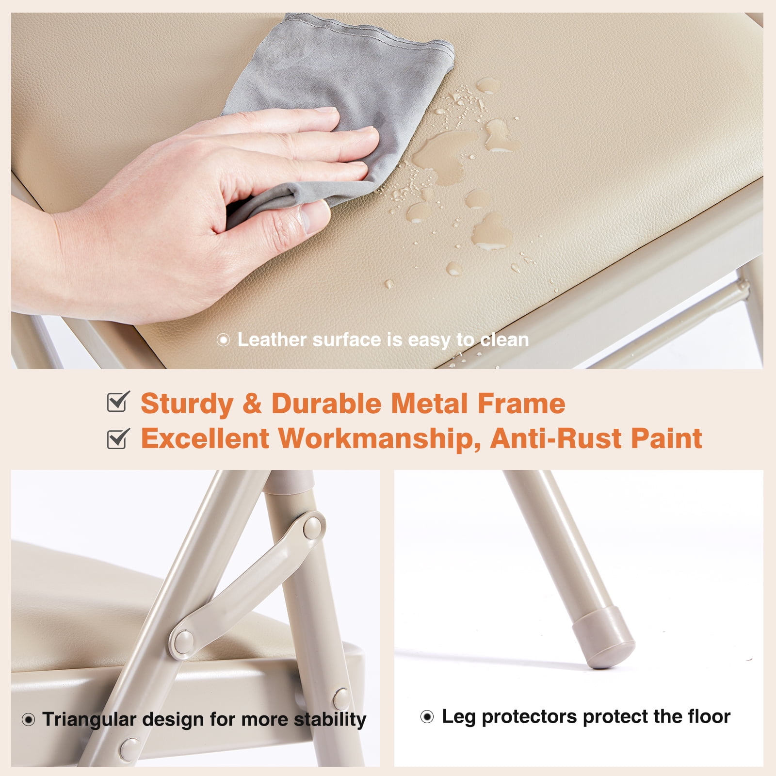 EDX 4 Pack Folding Chair with Sturdy Metal Frame, High-Density Padding, and Water-Resistant PU Leather - Ideal for Meetings, Gatherings, and Events, Khaki