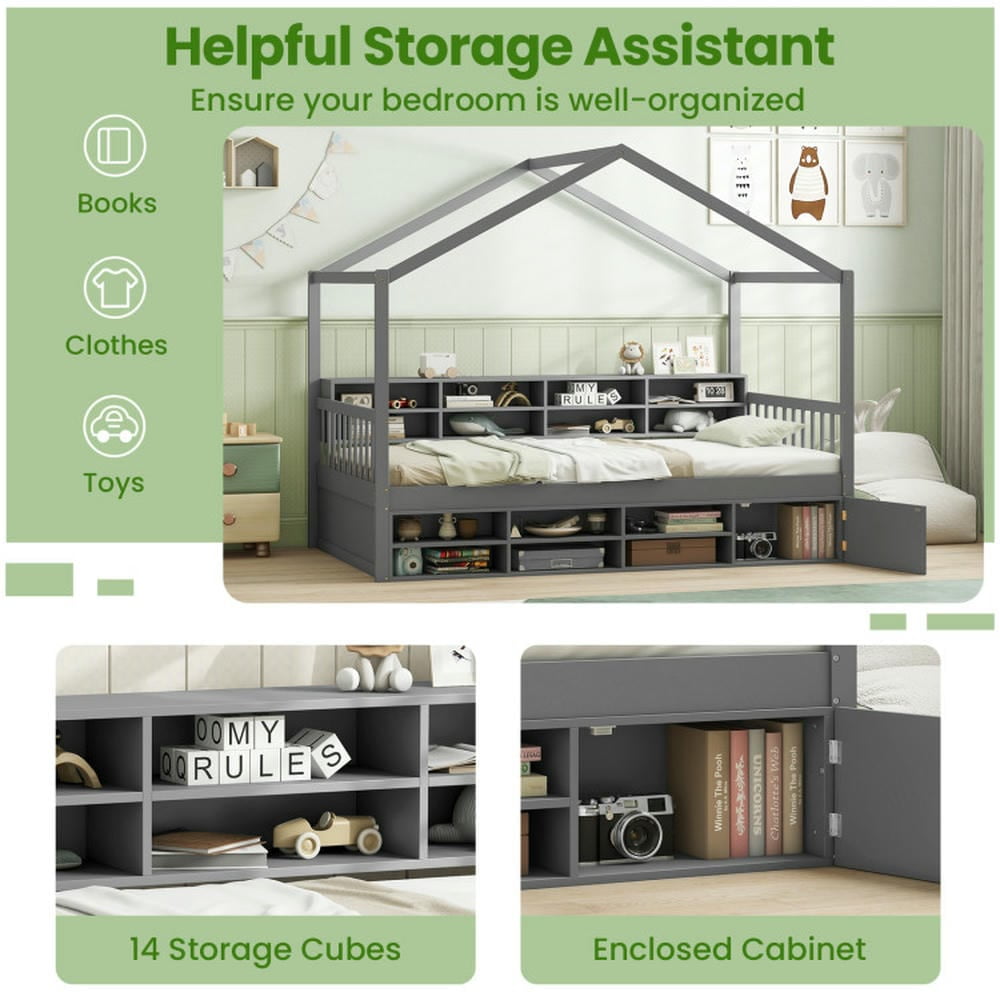 Kepooman Bed Frame, Bed Frame Mattress Foundation,Twin Size House Bed with Roof with 14 Storage Cubes and Enclosed Cabinet-Gray