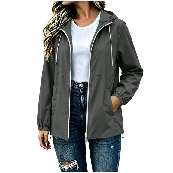 Hurxie Women's Waterproof Raincoat Lightweight Rain Jacket Hooded Adjustable Windbreaker Rain Coats with Pocket for Outdoor Dark Gray,S