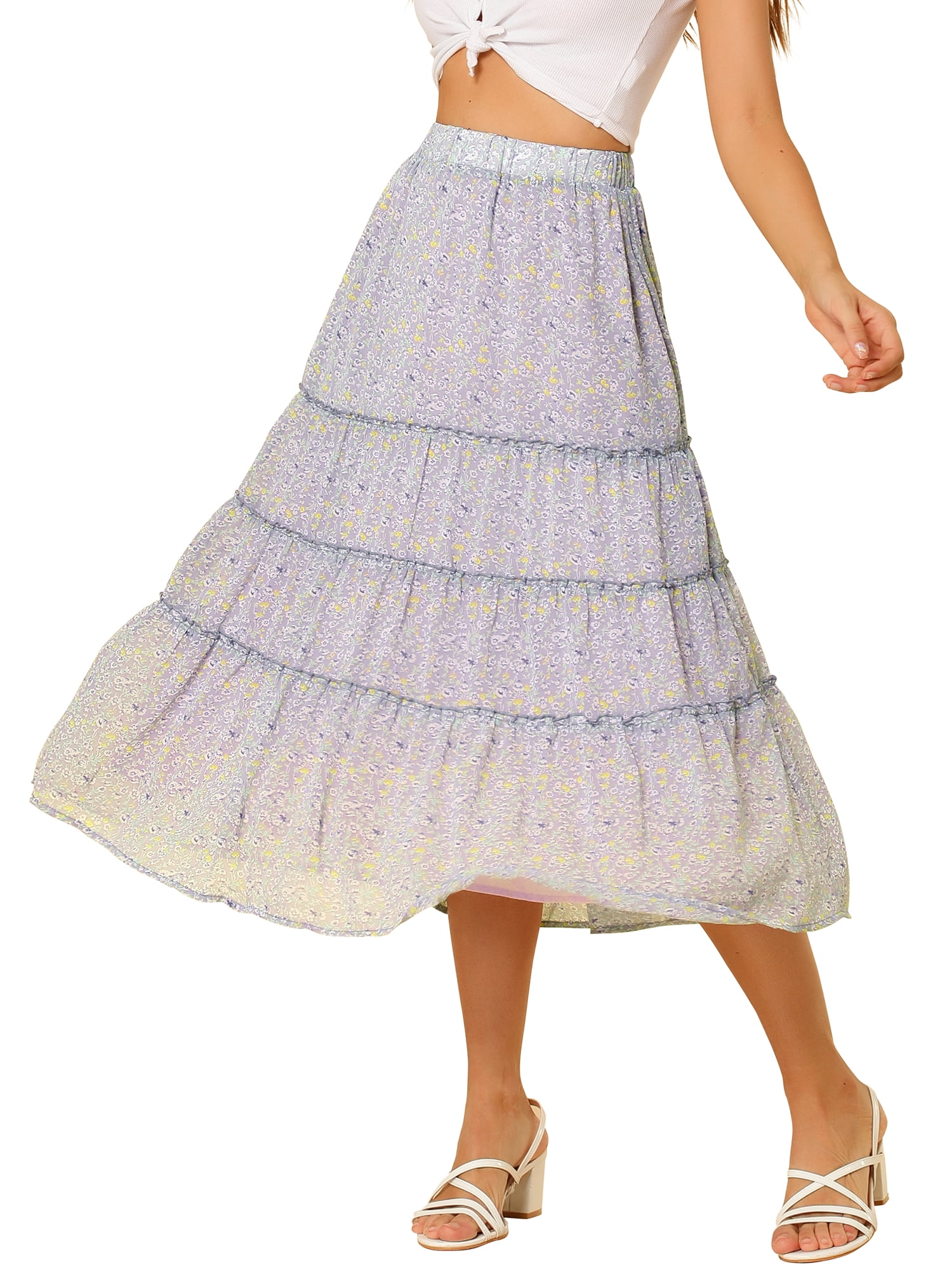 Allegra K Women's Floral Print Elastic Waist Ruffle Maxi Tiered