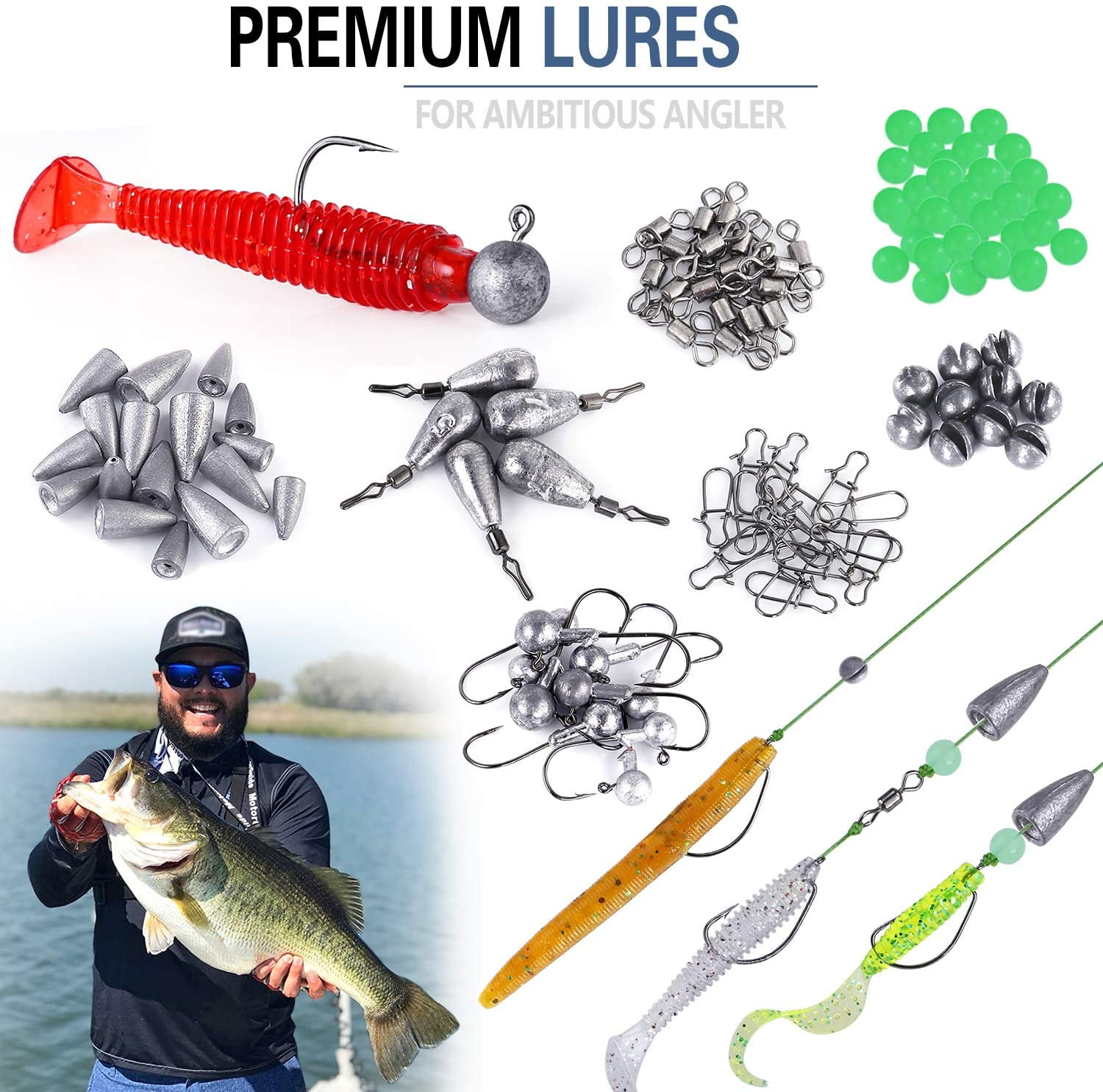 302Pcs Fishing Accessories, Small Tackle Box with Crankbaits, Spinnerbaits, Plastic Worms, etc