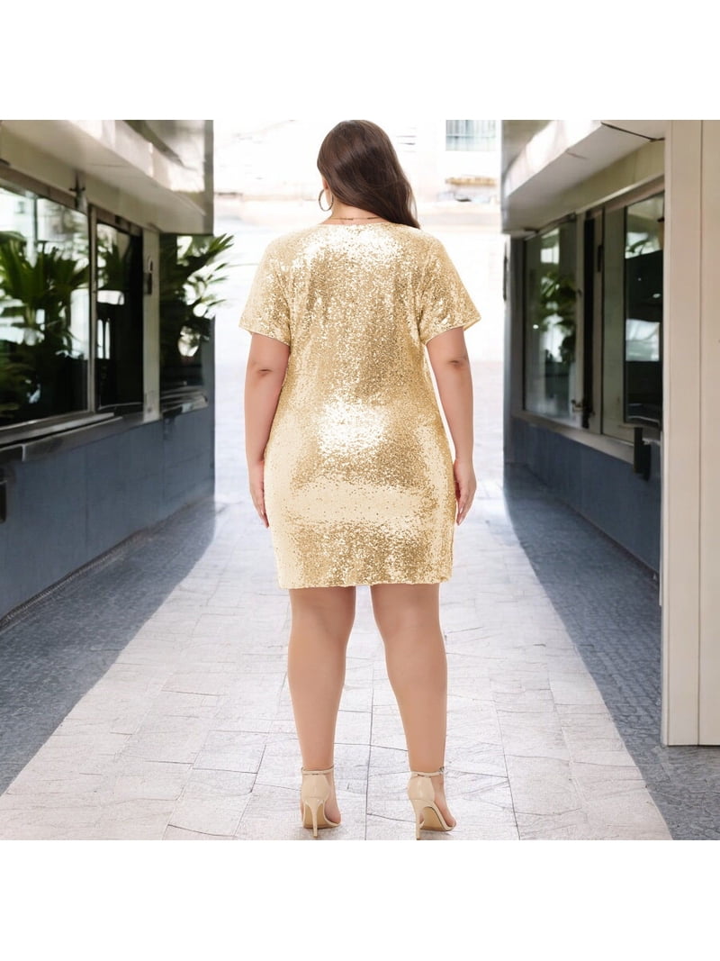 Feinuhan Women's Plus Size V-Neck Short Sleeve Sequin Party Dress- 4X, Gold, Size: 4XL Feinuhan Women's Plus Size V-Neck Short Sleeve Sequin Party Dress- 4X, Gold, Size: 4XL