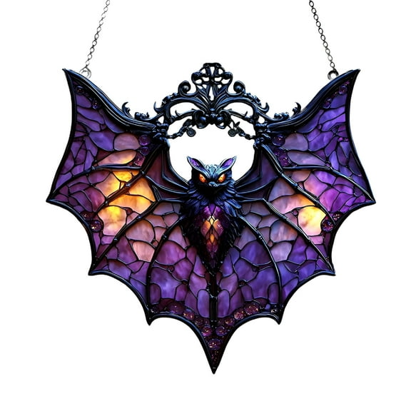LAMIRO 2D Mysterious Purple Bat with Pink Glowing Eyes Gothic Imitation Stained Glass Acrylic Light Catcher Window Hanging Halloween Gothic Decor Mysterious Halloween Bat Decor