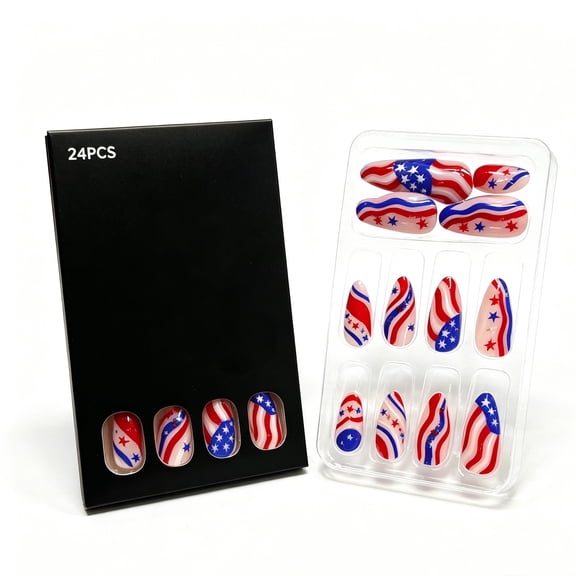 4th Of July Independence Day French Tip Press-On Nails, Almond,Red White Blue, Short, 24 Count,F