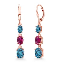 Gem Stone King 18K Rose Gold Plated Silver London Blue Topaz 3 Stone Dangle Earrings for Women (5.90 Cttw, Gemstone November Birthstone, Oval 8X6MM, 7X5MM and 6X4MM)