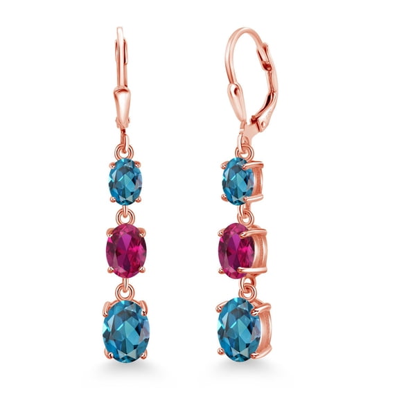 Gem Stone King 18K Rose Gold Plated Silver London Blue Topaz 3 Stone Dangle Earrings for Women (5.90 Cttw, Gemstone November Birthstone, Oval 8X6MM, 7X5MM and 6X4MM)