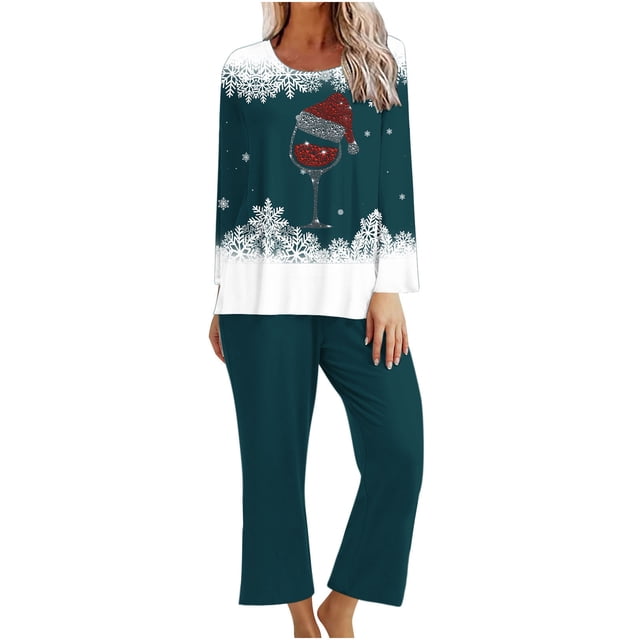 Pisexur Pyjamas de Noël pour Femmes Ensemble Deux Pièces Tendance Vacances Imprimé Verre de Vin Rouge Pjs Décontractés Manches Longues Col Rond Hauts Pantalons de Pyjama Vêtements de Nuit