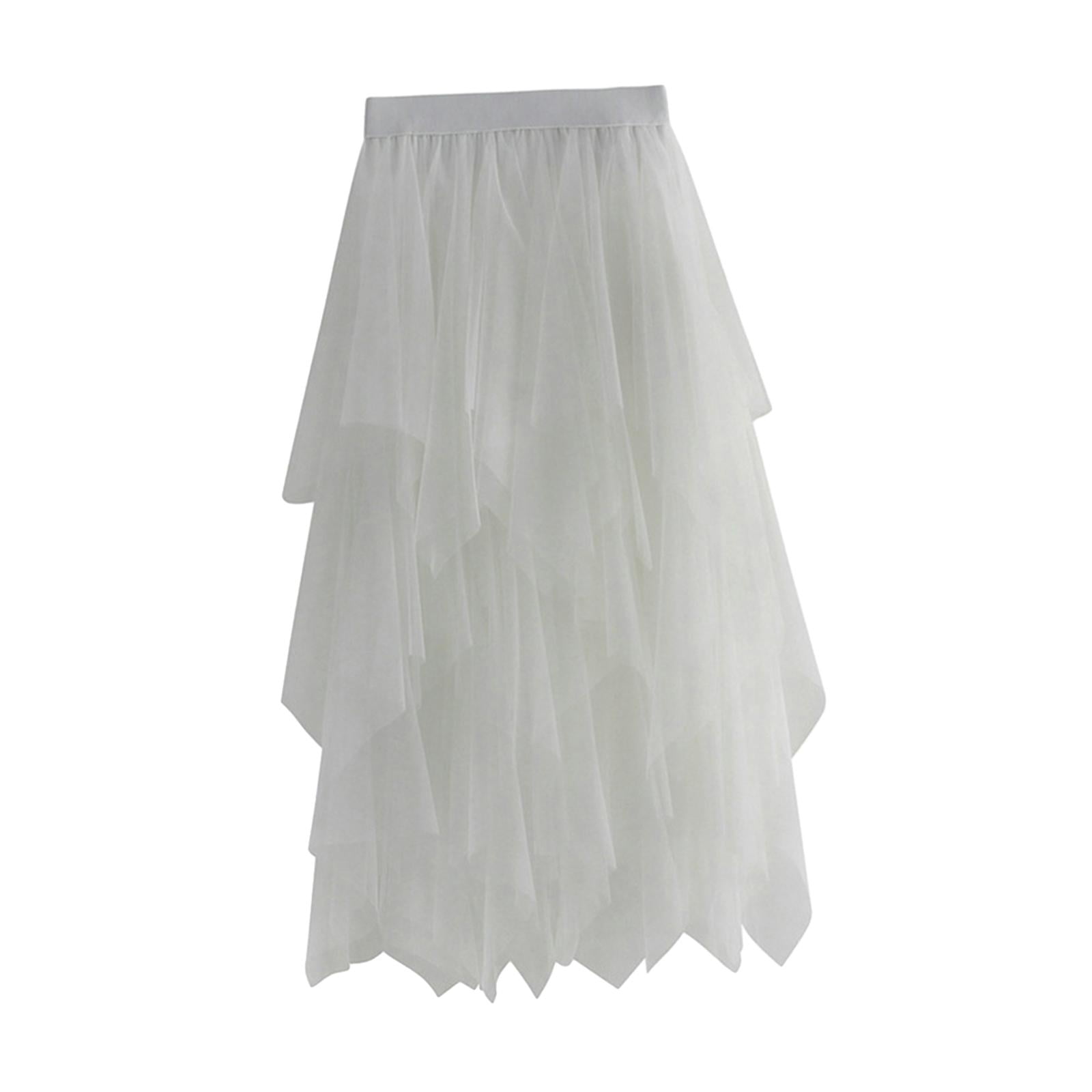 Women Tulle Skirt A Line High Low Asymmetrical Layered Midi Length Elastic Waist White Walmart