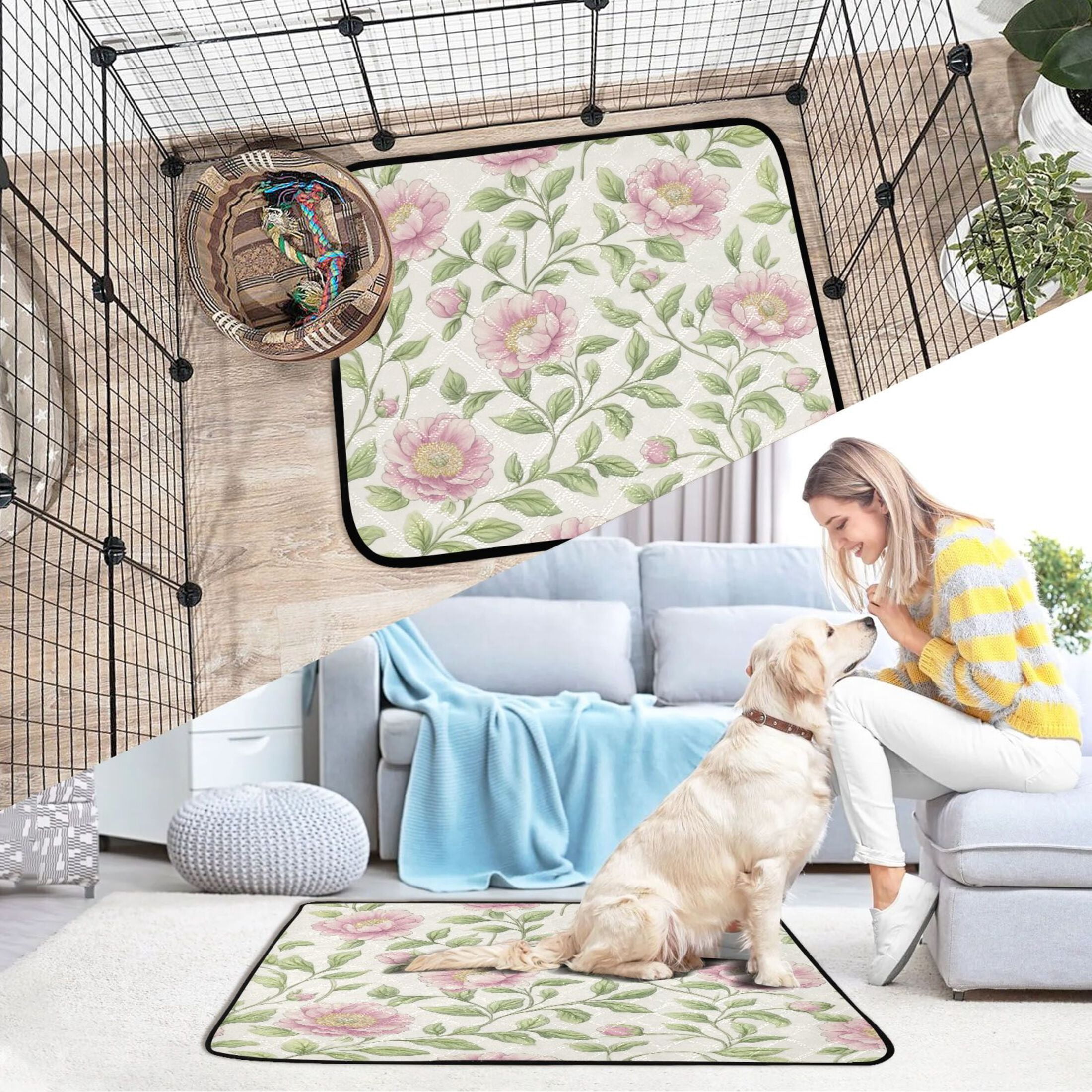 Qxltty Blooming Pink Peonies Cat litter Pads Pet Set of 3 Diaper Mats Center Anti-leakage Layer Absorbent Soft and Comfortable