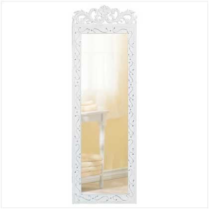 White Flourish - Elegant White Wall Mirror - 1 Unit, A floral crown and embossed flourishes grace a weathered white wood frame mirror that reflects life’s romantic moments. By ONeillGifts from USA