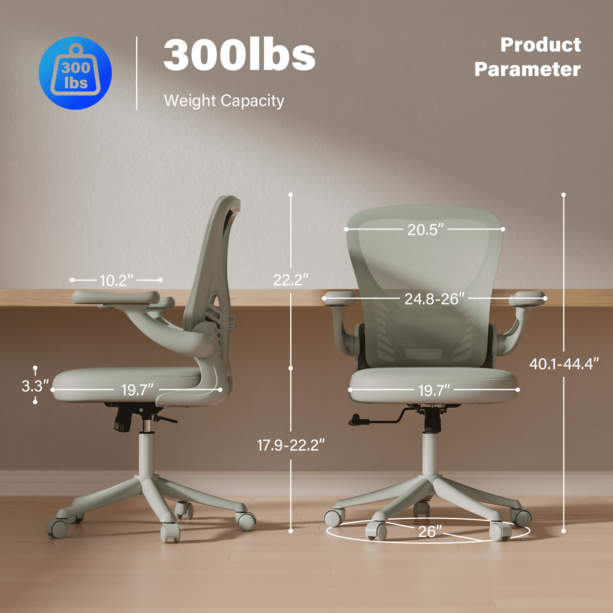 HomeZeer Ergonomic Office Chair, Home Desk Chair with Lumbar Support, Flip-up Arms Mesh Office Chair, Grey