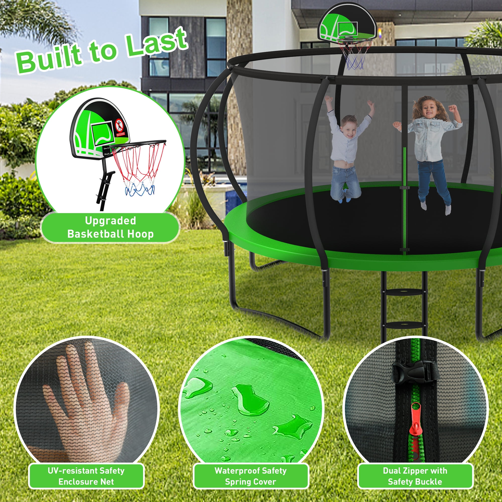 XMIKA 14FT Trampoline with Enclosure, Basketball Hoop, Ladder, Outdoor Trampolines, Heavy Duty Galvanized Full Spray Round Backyard Trampoline for Adults and Kids, 1400lbs Loading, Green