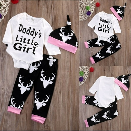 

Newborn Baby Girls Little Girl Tops Romper +Long Pants Hat Outfits Set Clothes