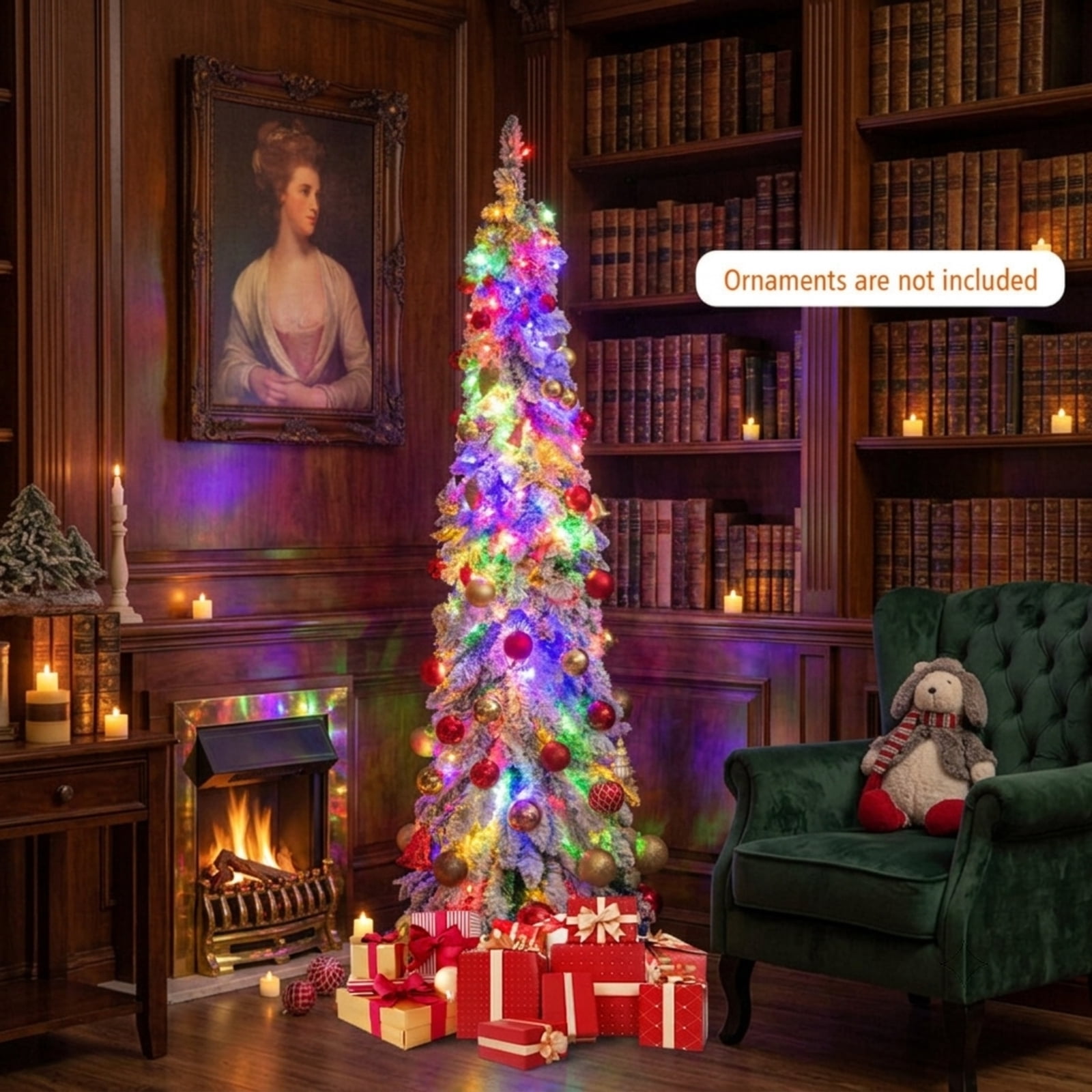 RUIE 5 ft Snow-Flocked Pencil Christmas Tree, Slim Pre-Lit Green White Xmas Tree with 150 LED Lights, 11 Modes and Timer
