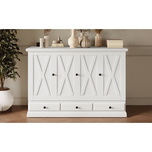 Lit Escamotable en Bois de Pin Massif Style Ferme avec Station de Charge et Grand Tiroir de Rangement pour Maison, Bureau Ou Petite Pièce, Grand, Blanc (Ancien SKU:QH849P170503K)