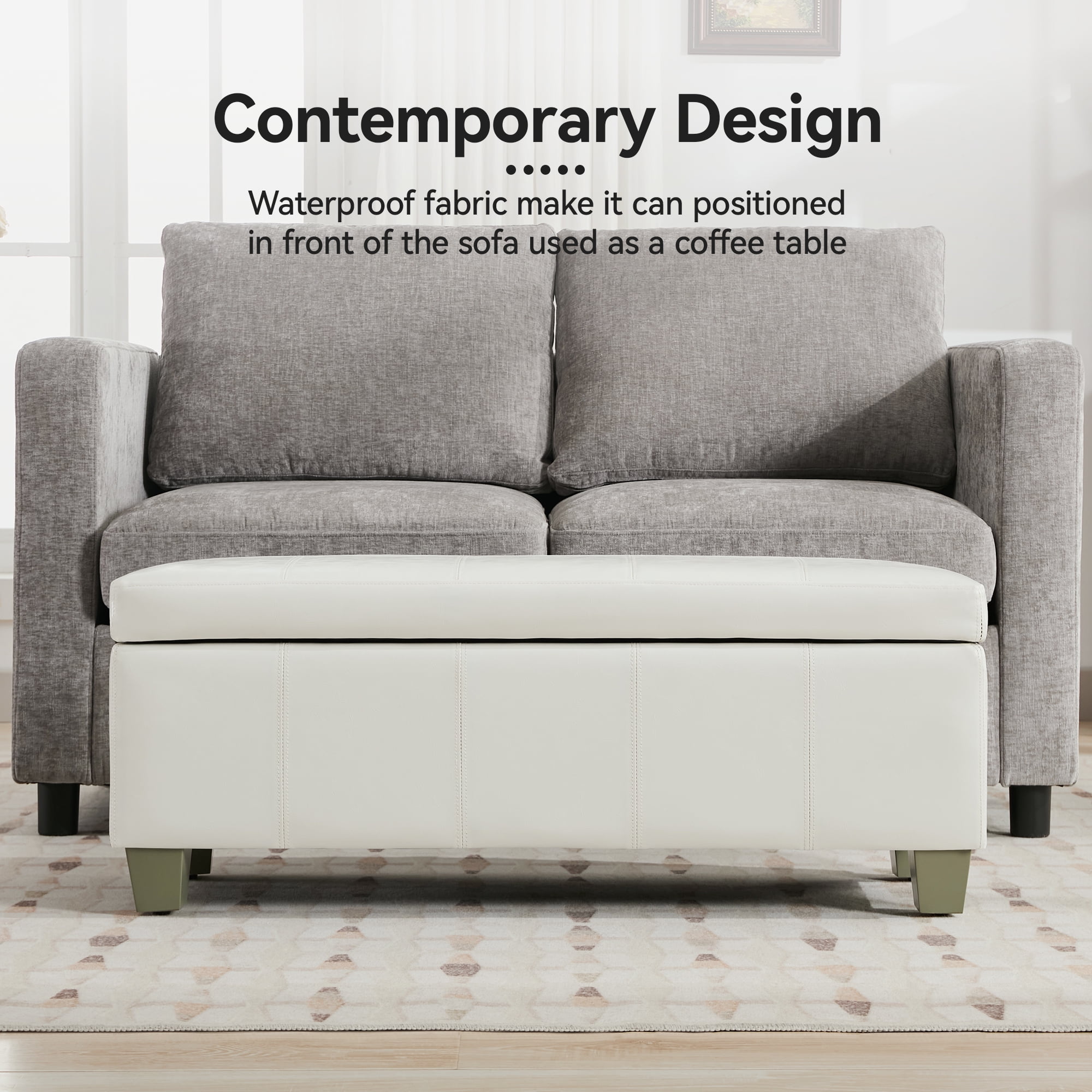 41'' Faux Leather Storage Ottoman Bench, Rectangle Upholstered End of Bed Storage Bench, Stitch Tufted Bedroom Bench with Storage, Entryway Large Storage Ottoman with Wooden Legs, White
