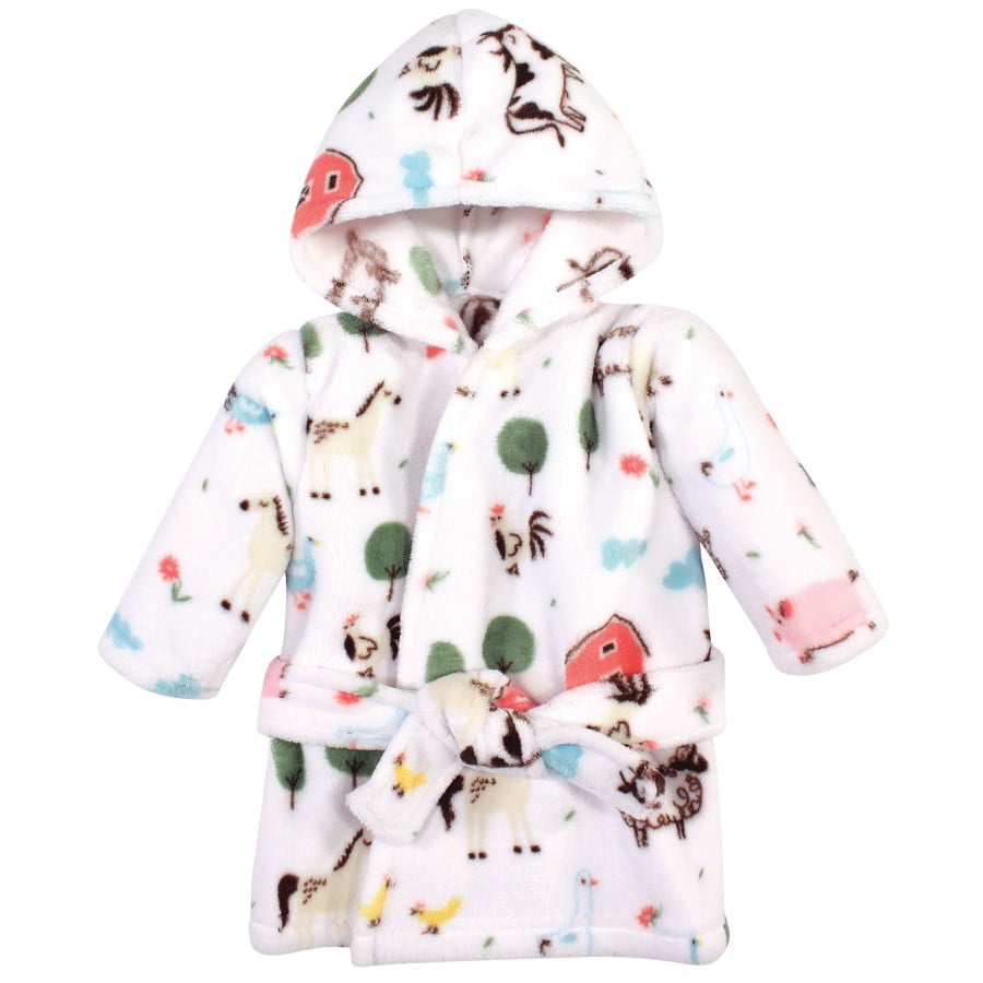 Hudson Baby Infant Girl Plush Animal Face Bathrobe, Girl Farm Animals, 0-9 Months