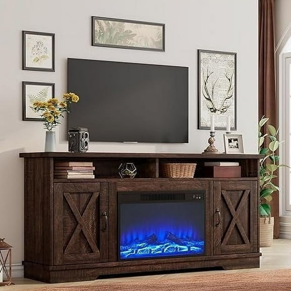 VANACC 63" Farmhouse TV Stand with 26" Fireplace, for TVs up to 73", Entertainment Center, Rustic TV Console Cabinet for Living Room, Reclaimed Barnwood