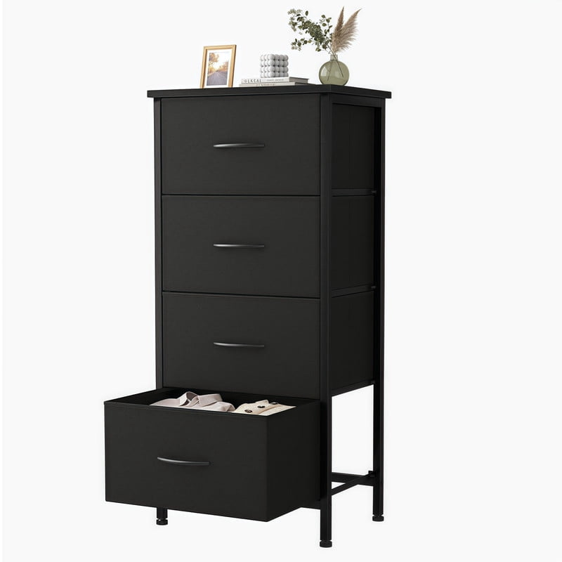 Kelno 4 Drawers Fabric Dresser Tall Chest of Drawers with Steel Frame Wood Top, Black