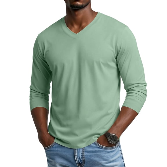 Mens Long Sleeve Shirt V Neck T Shirts Casual Cotton Plain Basic Tee Lightweight Breathable Classic Slim Fit Shirt Mint Green XL