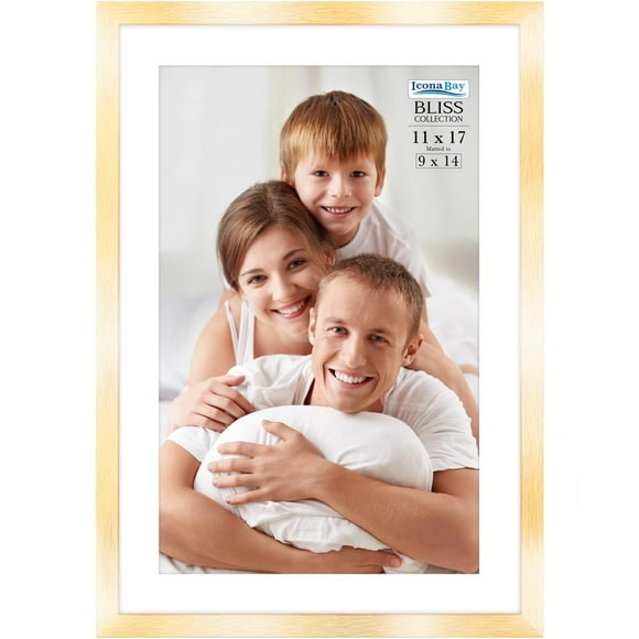 Icona Bay 11x17 Gold Picture Frame with Removable Mat to 9x14 Photo, Modern Style Wood Composite Poster Frame, Wall Mount Only, Bliss Collection