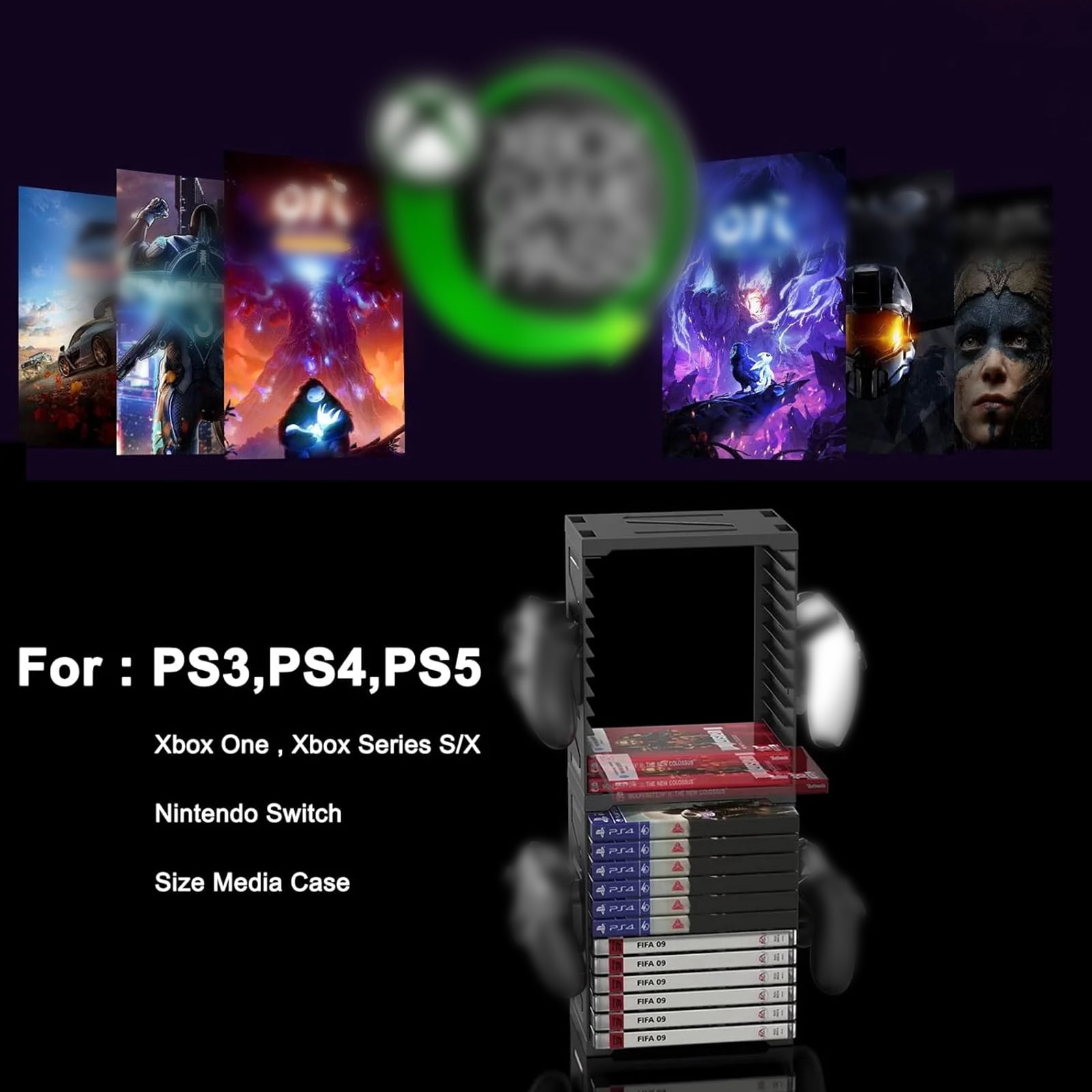 LASIEYO Game Storage Tower for PS5/ PS4/ xBox Series X/S, Universal Video Game DVD Holder Shelf Rack, Holds 24 Disks and 4 Controllers Holders for Nintendo Switch PS5 Playstation 4 Xbox Movies