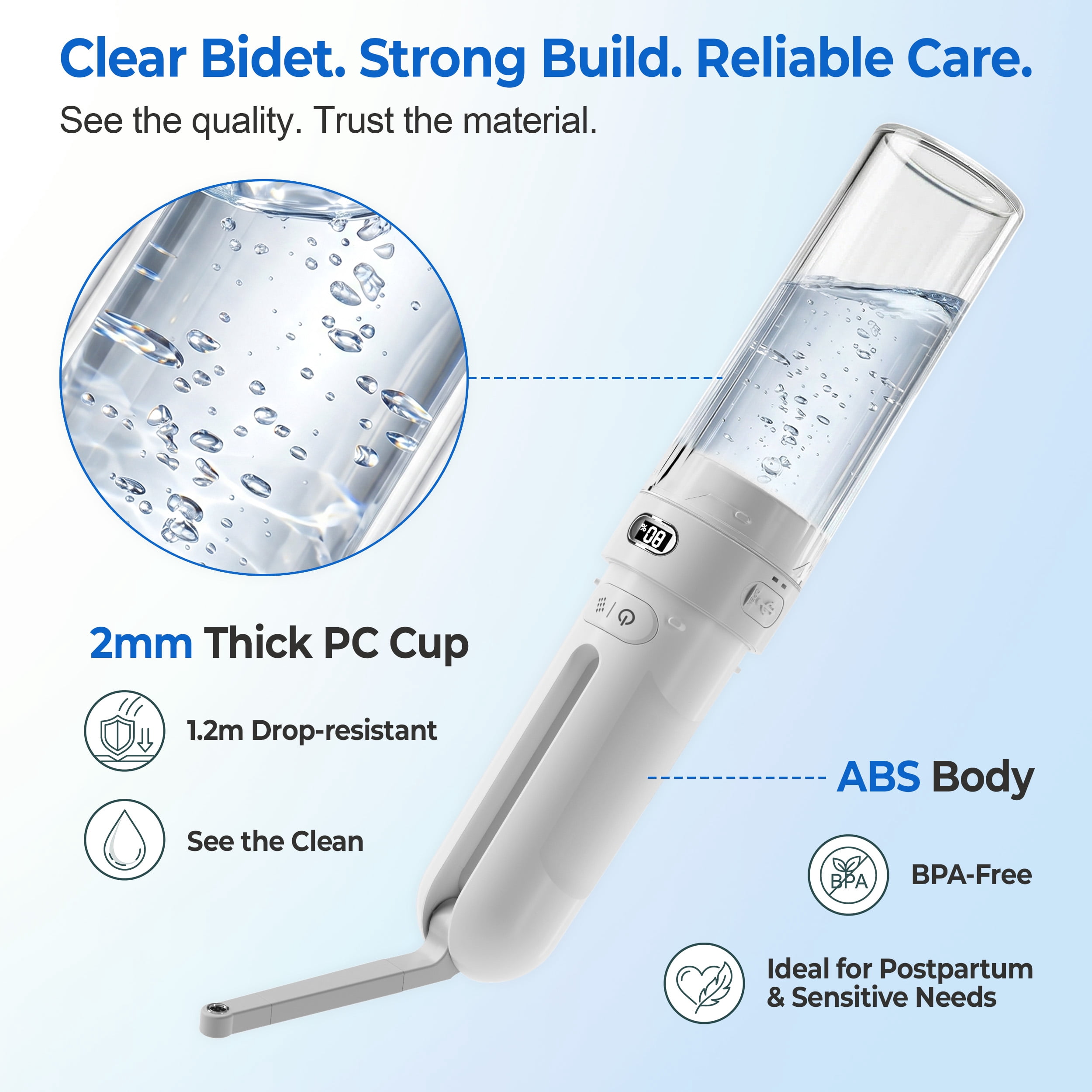 WeWi HLTH Electric Travel Bidet for Ultimate Personal Hygiene Cleaning at Home and Camping, Rechargeable Porable Bidet Sprayer with 3 Pressure | Waterproof, White