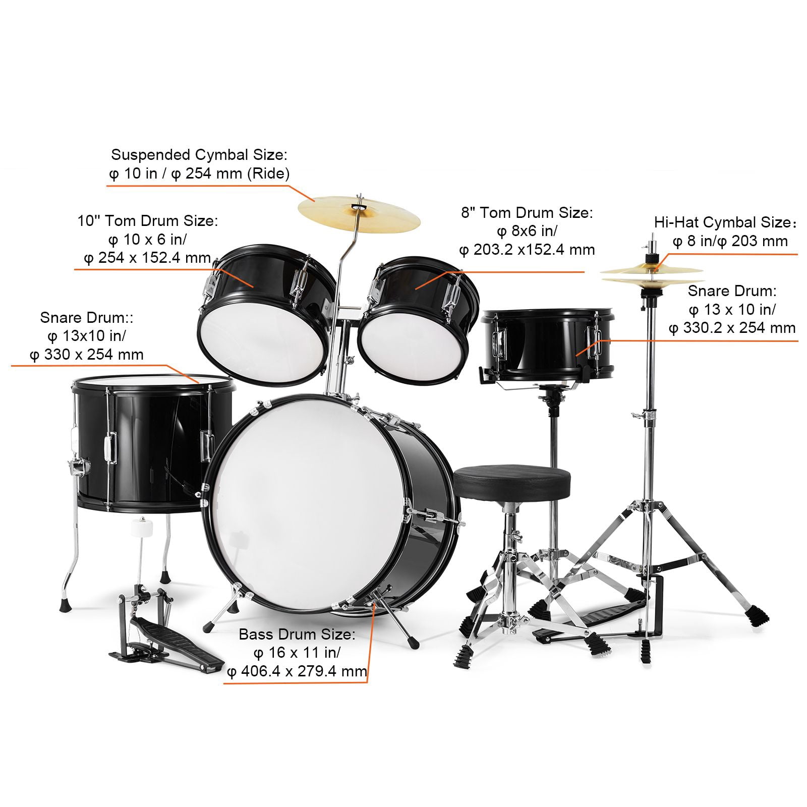 Kids Drum Set, 5-Piece, 16 in Beginner Full Drum Set with Bass Toms Snare Floor Drum Adjustable Throne Cymbal Hi-Hat Pedal and Two Pairs of Drumsticks, Starter Drum Kit for Child Kids, Black