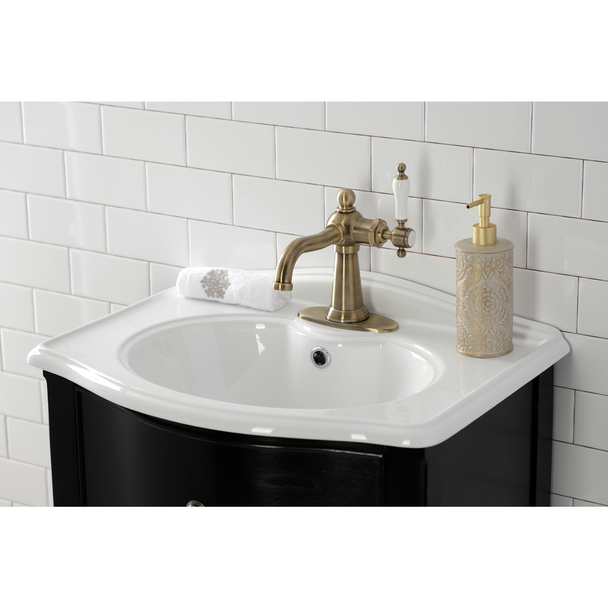 Kingston Brass KSD154KLAB Nautical One-Handle Single-Hole Bathroom Faucet with Deck Plate and Push Pop-Up Drain, Antique Brass