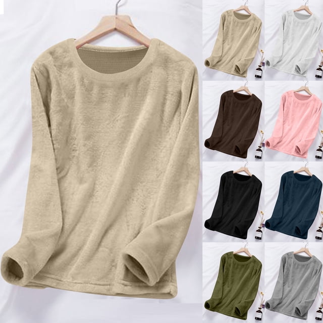 QATAINLAV Pyjama en Flanelle Duveteux pour Femme, Hauts Unis à Manches Longues, Col Rond, Chandail de Pyjama, Automne Hiver, Tenue de Nuit Chaude, Vert Armée, m
