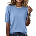 thumbnail image 2 of Women's Short Sleeve Knit Tops Crewneck Eyelet Lightweight Loose Fit Casual Sweater Blouses Blue M, 2 of 7