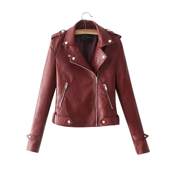 DondPO Women's Faux Leather Jacket Women The Belt Fashion Faux Leather Lapel Pocket Solid Color Zipper Long Sleeve Slim Biker Jacket Motorcycle Jacket Women Leather Jacket Women Red XL Clearance!