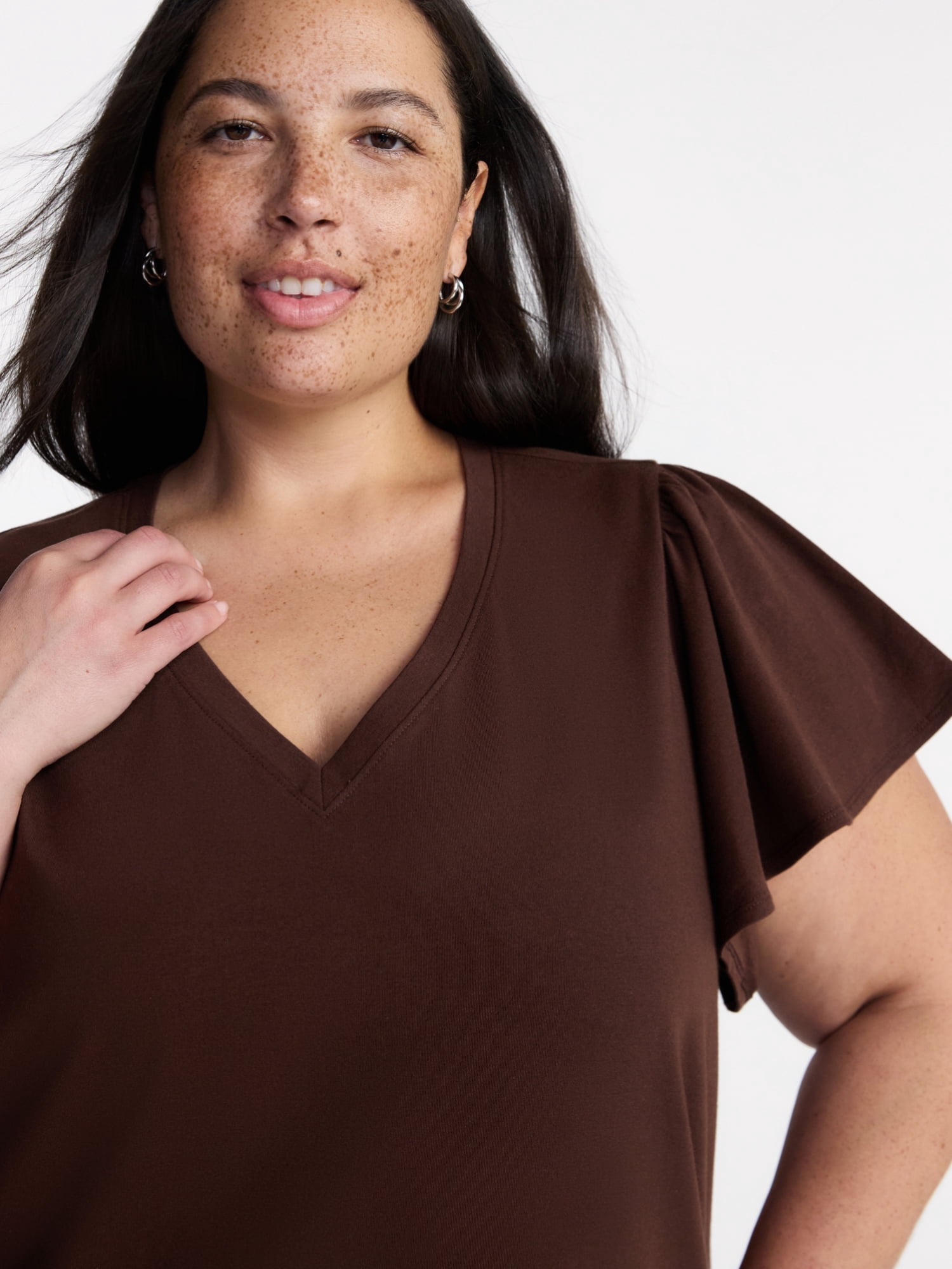 Terra & Sky Women’s Plus V Neck Mini Dress with Short Flutter Sleeves, Sizes 0X-5X