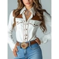 thumbnail image 3 of Women White and Brown PU Leather Splicing Button Down Blouse Long Sleeve Western Patchwork Shirt, 3 of 3